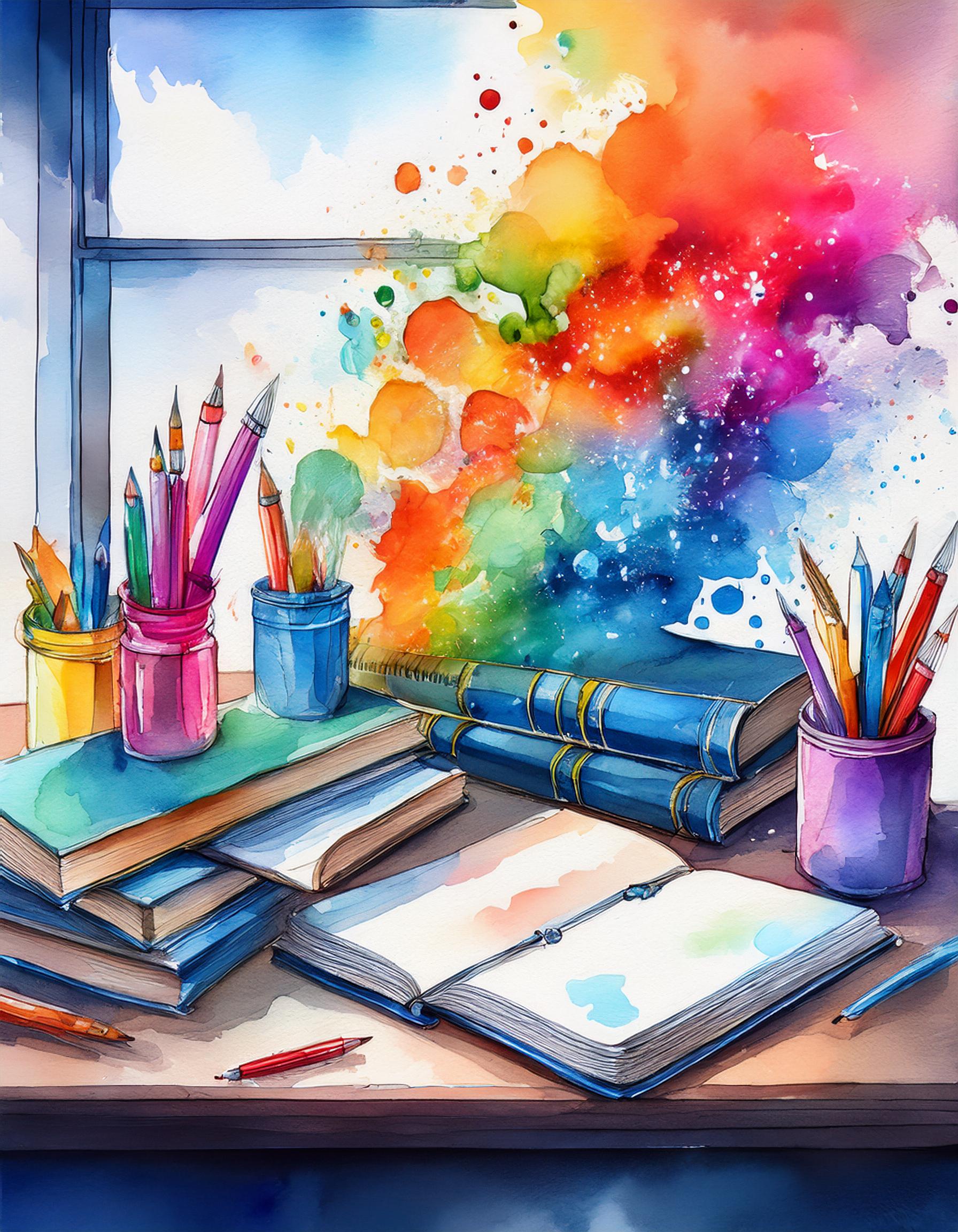 Desktop of stacked books, pens and pencils, and rising colors representing ideas