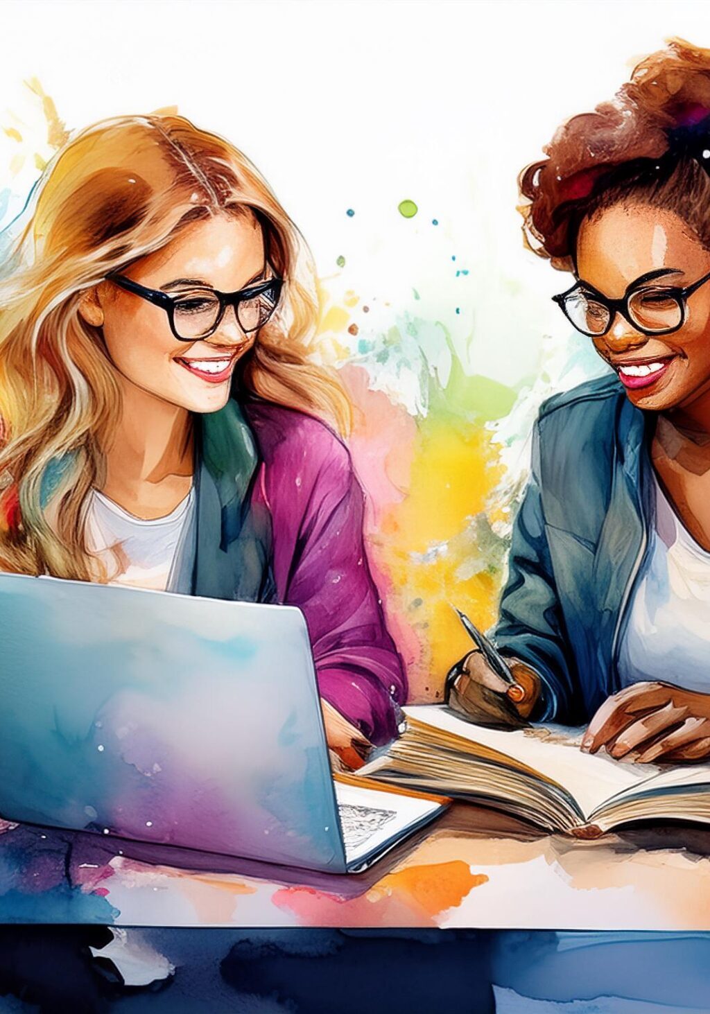 Two young women with glasses at a desk, similing, looking at book and laptop computer.